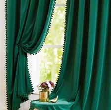 Treatmentex Pompom Velvet Green Curtains 63" Long 42" Wide Room Darkening