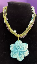 Large Multi Stand Mother Of Pearl Blue Flower Pendant Necklace SALE!