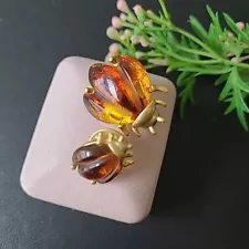 Vintage Gold Brushed Amber Lucite Bugs Insects Double Pin Brooch 1.25" T 0.75"T