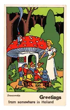 RARE Snow White 7 Dwarves Postcard Mushroom Toadstool House Fantasy Holland VTG