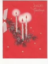 Seasons Greetings White Candles Pine Cones Ribbon Red Folded Vintage Greetings