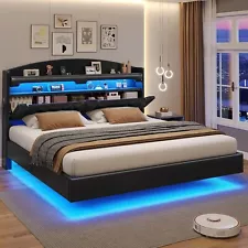 Floating Bed Frame King Size with Charging Station, LED Lights&Storage Headboard