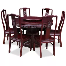 US SELLER - Dark Cherry Rosewood Dragon Round Oriental Dining Set with 6 Chairs