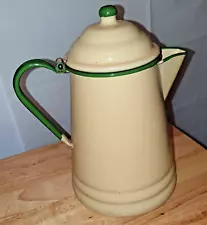 ENAMELWARE COWBOY COFFEE POT - BEIGE WITH GREEN TRIM