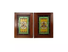 Pair Antique Wooden Leaded glass Prairie Style Door Panels Salvaged Reclaimed Ar