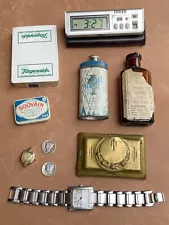 Junk drawer lot, watches, old bottle, silver coins, old playing cards and more