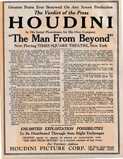 HOUDINI THE MAN FROM BEYOND RARE ORIGINAL 1922 SILENT FILM AD POSTER