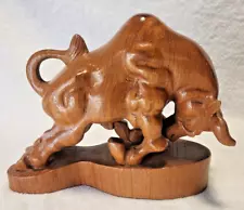 Vintage Charging Raging Bull Taurus Hand Carved Solid Wood Figurine