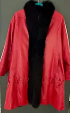 The Fur Center Red leather coat with dark black fur collar size medium or large