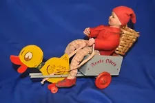 ANTIQUE GERMANY Candy Container Easter Pull Toy Cart w Composition Boy Elf 9"