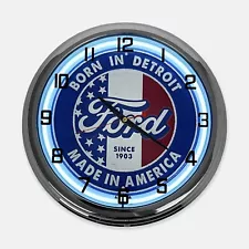 18" Ford American Tradition Metal Sign Designed White Neon Clock - SIGNBOX