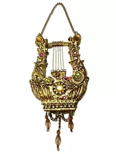 Vintage King David Lyre Harp Kinnor Ornament Gold Metal Resin With Gemstones