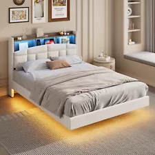 Queen Floating Upholstered Bed Frame with LED and Charging Station, Storage SALE