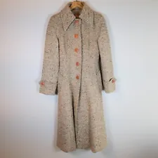Vintage Tweed Womens Pea Coat S 60s Long Oatmeal Tan Wool Belted Buttons Formal