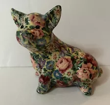 Vintage Flower Decoupage Paper Mache Ceramic Piglet Statue Figurine