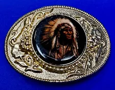 Native American Indian Chief picture as Centerpiece on Western Belt Buckle