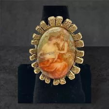 VTG Signed Victorian revival ceramic Cameo Adjustable cocktail ring