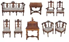 9 Pc Set Antique Italian Renaissance Revival Carved Walnut Chairs Settee Desks