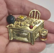 Vintage Gold Tone Enamel Teachers Desk Brooch Pin 2 1/4", T47