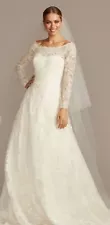 wedding dresss, David’s bridal, Oleg Cassini, ivory wedding dress, long sleeves 