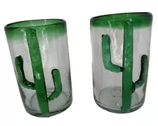 Hand Blown Mexican Tumbler Glasses Bubbles Green Rim Cactus Inside Pair (2) A