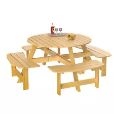 8-Person Outdoor Wooden Circular Picnic Table w/ 4 Built-in Benches and Umbre...