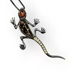 Lizard Chain Necklace Cognac Honey Amber Rhinestone 925 Sterling Silver AD 20"