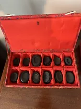 Storage Box for 12 Snuff Bottles + 12 Wood Stands, Excellent Condition.