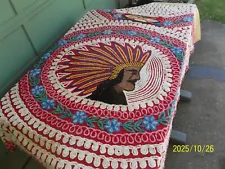 Rare Vintage Indian Chief Head Chenille Bedspread w/ Flowers & Arrows 102”x 89”