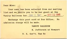 1941 Vanity Ballroom Invitation Detroit Michigan Miss Margaret Tittjung Postcard