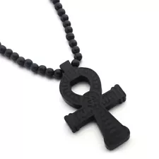 Black Egyptian Ankh Cross Pedant Necklace Wooden Jewelry For Men Ball Chain 35"