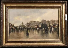 c. 1900 SIGNED LARGE FRENCH IMPRESSIONIST OIL ON PANEL - PARIS PLACE REPUBLIQUE