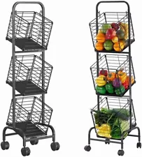 3 Tier Rolling Rack Fruit Vegetable Basket Organizer Bins for Kitchen Pantry