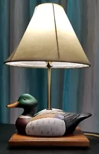 Vintage Ceramic Mallard Duck Table Lamp Wooden Base with Shade Bulb Not Included