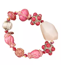 Tarina Tarantino bracelet red cabochon clusters w/ pink tulips large stone bead