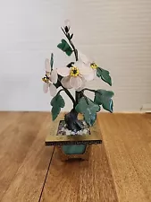 Oriental Jade Tree Bonsai with Stone Carved Flowers and Leaves 7" Tall