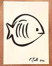 CHRIS ZANETTI Original Ink Drawing FISH Wildlife Minimalist Art 8"x6" Signed COA