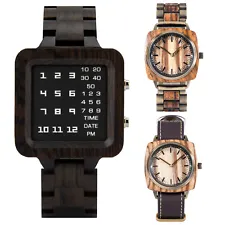 Men's LED Digital Watch Wooden Band Square Dial Analog Display Quartz Wristwatch