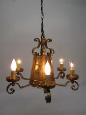 Vtg Chandelier Candle Ceiling 7 Light Fixture Gothic Medieval Italy Glass Metal