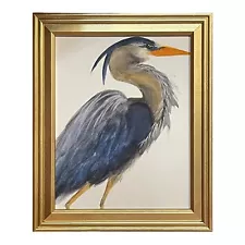 Great Blue Heron bird art watercolor print framed in 10”x 12” gold wooden frame