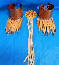 NATIVE AMERICAN DANCE POW WOW REGALIA: COPPER CUFFS, BEADED MEDALLIONS & LEATHER