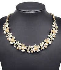 Vintage Unsigned LISNER Pearl Flower Leaf Clear Rhinestone Choker Necklace