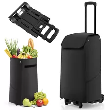 Folding Shopping Cart Rolling Utility Cart w/ Removable Waterproof Bag Black