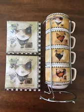 Rooster coffee mug stacked set of 4 And Napkins