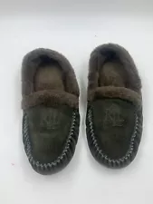 Lauren Ralph Lauren Womens Dark Green Suede Fur Trim Moccasin Slippers Sz 8B