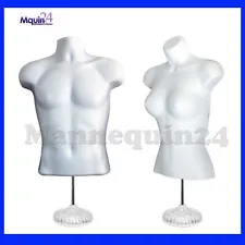 WHITE MANNEQUIN MALE & FEMALE DRESS FORMS with 2 TABLE TOP STANDS + 2 HANGERS