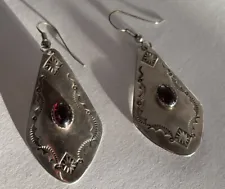 Signed Native American Vintage Sterling Silver stamped earrings, Polished Stone
