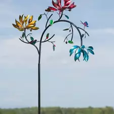 Large Metal Wind Spinner with Three Spinning Flowers Butterflies Windmill Wind S