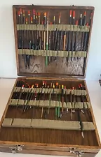 Vintage Fishing Wooden Tackle Case Incudes 73 floats & large quantity of gear