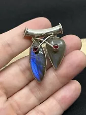 Sterling Silver, Labradorite & Garnet Gemstone Pendant-- Vintage Estate Find